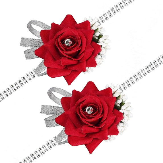 Coolmade 2Pack Rose Wrist Corsage Wristband, Velvet Open Rose Silvery Bling Ribbon Rhinestone Stretch Bracelet Wedding Prom Wrist Corsage Hand Flower, Red