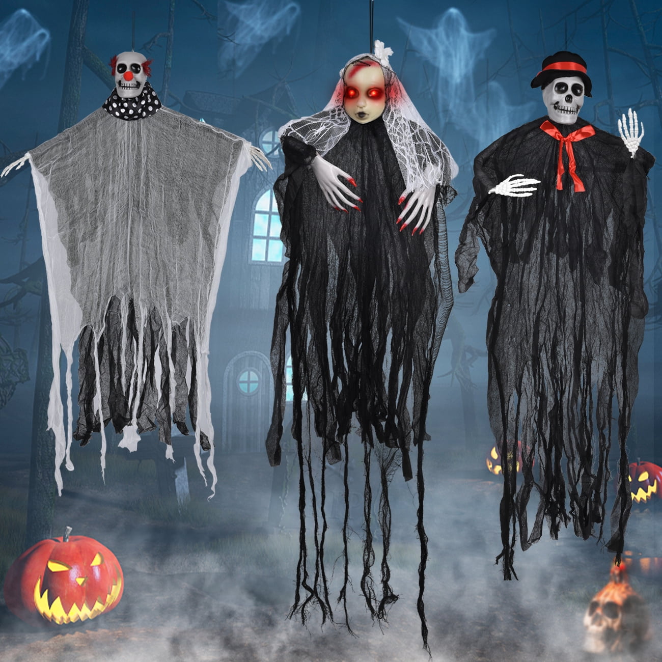 Coolmade 3 Pack Hanging Halloween Skeleton Ghosts Decorations, Grim Reapers for Best Halloween Outdoor Decorations