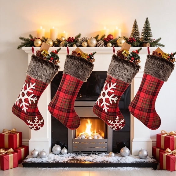 Coolmade 4 Pack Red Christmas Stocking - 18 Inch Burlap Christmas Stocking with Plaid and Plush Faux Fur for Holiday Home Decoration