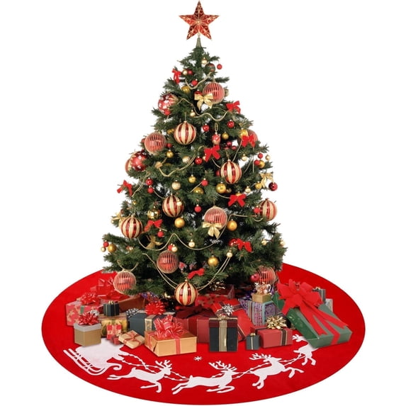 Coolmade 48" Christmas Tree Skirt Mat with Reindeer Sled Pattern Xmas Tree Skirts Holiday Party Decoration