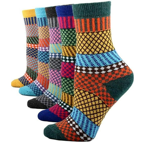 Coolmade 5Pack Womens Vintage Winter Soft Warm Thick Cold Knit Wool Crew Socks, Multicolor, free size