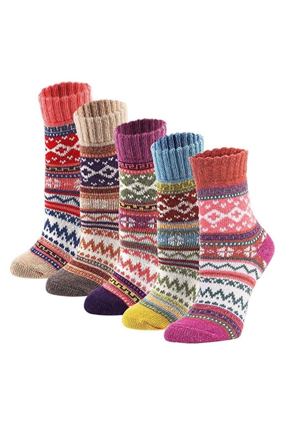 Coolmade 5Pack Womens Vintage Winter Soft Warm Thick Cold Knit Wool Crew Socks, Multicolor, free size