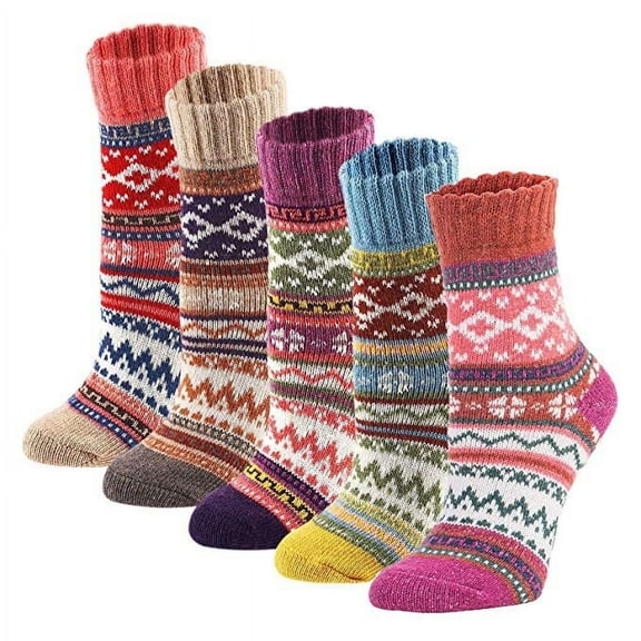 Coolmade 5Pack Womens Vintage Winter Soft Warm Thick Cold Knit Wool Crew Socks, Multicolor, free size