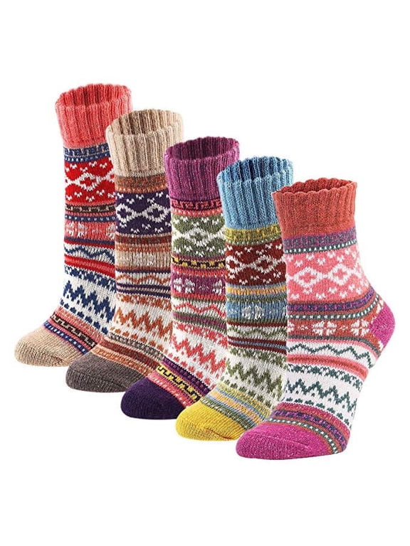 Coolmade 5Pack Womens Vintage Winter Soft Warm Thick Cold Knit Wool Crew Socks, Multicolor, free size