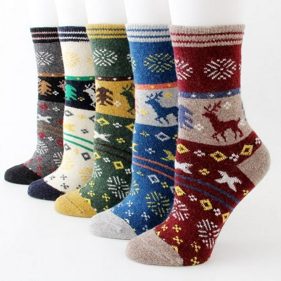 Coolmade 5Pack Womens Vintage Winter Soft Warm Thick Cold Knit Wool Crew Socks, Multicolor, free size