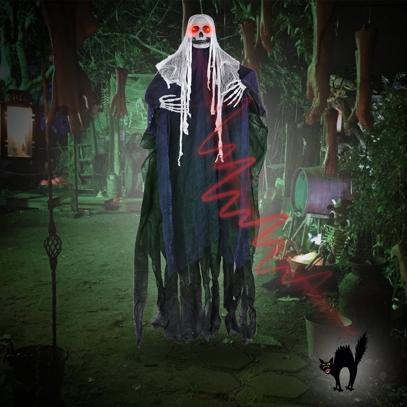 Coolmade 5ft Voice-Activated Screaming Black Halloween Hanging Ghost with Flashing Red Eyes Decorations