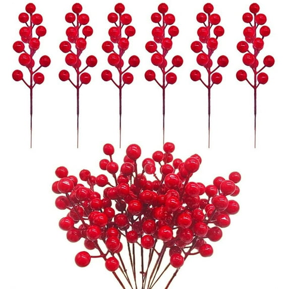 Coolmade 6 Pack Artificial Red Berry Stems - 14 Inch Christmas Holly Berry Branches for Holiday Home Decor and Crafts