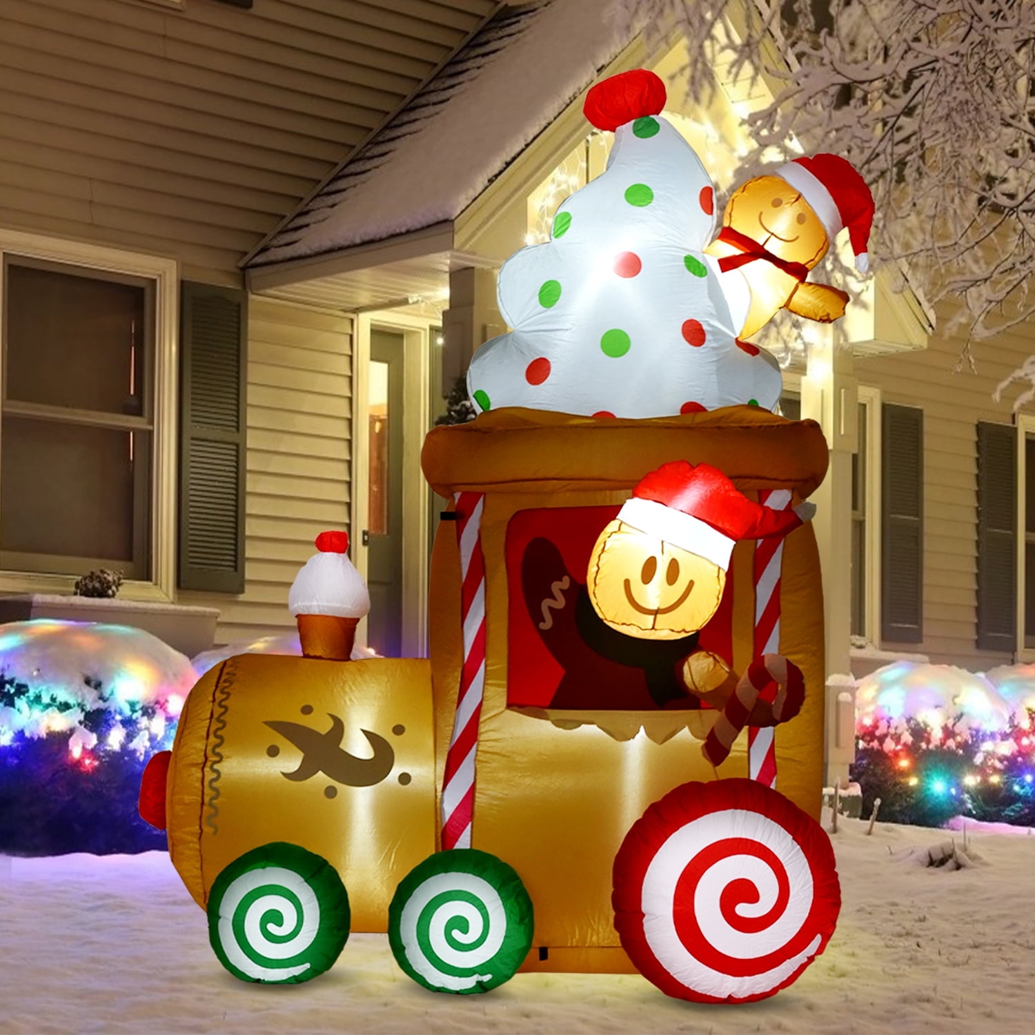 Coolmade 7 ft Christmas Inflatables Outdoor Decorations, Inflatables Gingerbread on Ice Cream Truck with Xmas Hat Yard Decoration Built-in LED Lights for Outdoor Party Holiday Garden Decor