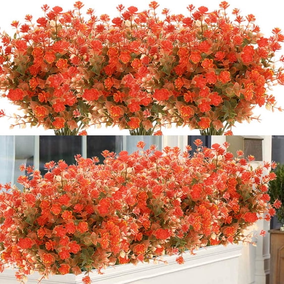 Coolmade 8 Bundles Artificial Fall Flowers No Fade Autumn Plants, Indoor Outdoor Greenery for Thanksgiving Christmas Wedding Party Home Garden Fireplace Décor (Green Orange)