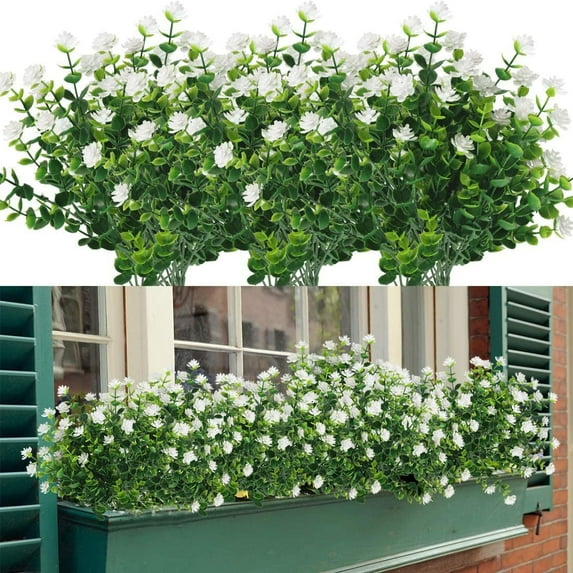 Coolmade 8 Bundles Outdoor Artificial Flowers UV Resistant Boxwood Plants, Greenery for Indoor Outside Hanging Garden Porch Window Box Home Wedding Farmhouse Decor (White)