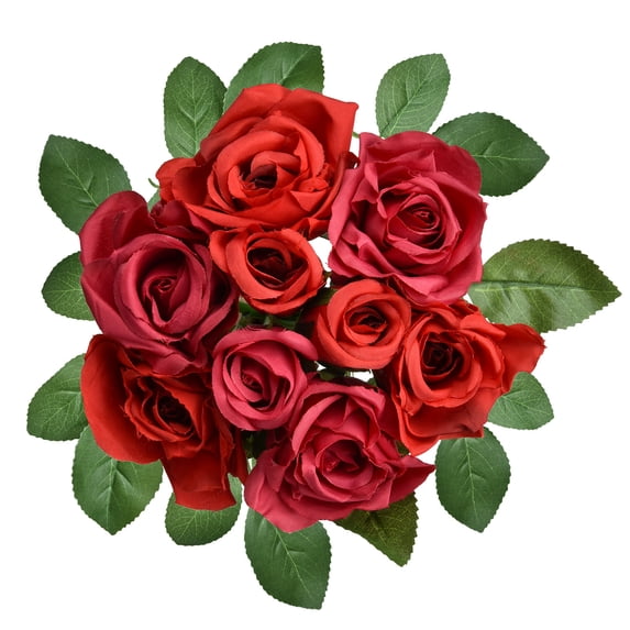 Coolmade 9Pcs Artificial Flower Rose Bouquet Fake Flower Silk Plastic Artificial Rose,Red