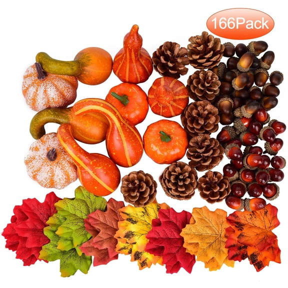 Coolmade 166 Pcs Fall Thanksgiving Decorations, Artificial Mini Pumpkins Gourds Pine Cones Maple Leaves Acorns Berries Autumn Harvest Decor Kit for Home Table Party Wedding