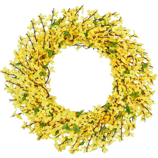 Coolmade Artificial Forsythia Flower Wreath - 17" Yellow Flower Door Wreath Fake Flower Spring/Summer Wreath for Front Door Wedding Home Decor