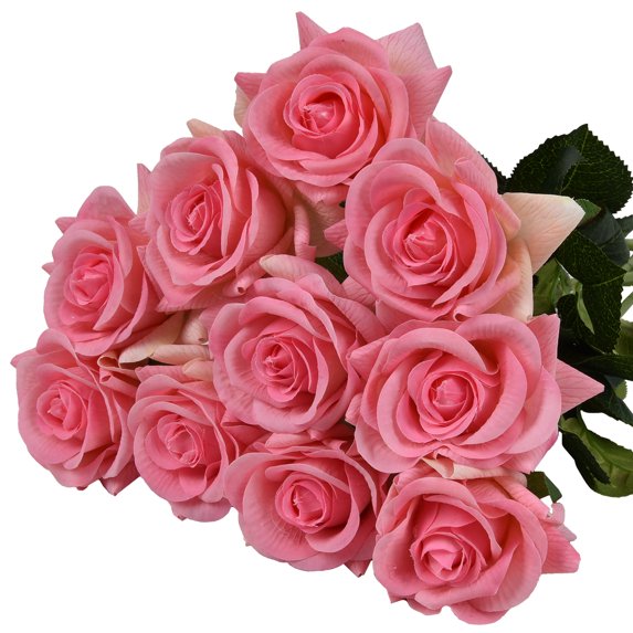 Coolmade Artificial Silk Rose Flower Bouquet Wedding Party Home Decor, Pack of 10-Pink