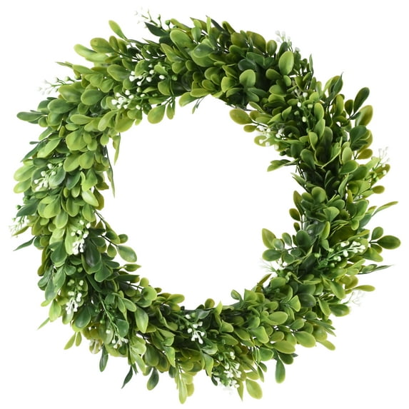 Coolmade Boxwood Round Leaf Plastic Decorated Wreath, 11" (Green)