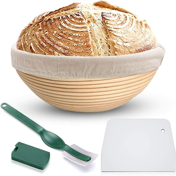 Coolmade Bread Proofing Banneton Basket Set - 9 Inch Round Natural Rattan Bread Basket, with Linen Liner Cloth and Sourdough Bread Scraper Tool