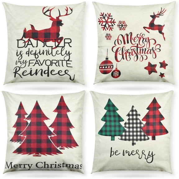 Coolmade Christmas Decorations Pillow Covers Christmas Tree Snowflake Snowman Reindeer Home Decor Polyester Peach Throw Pillow Case Cushion Cover 18" x 18" Set of 4