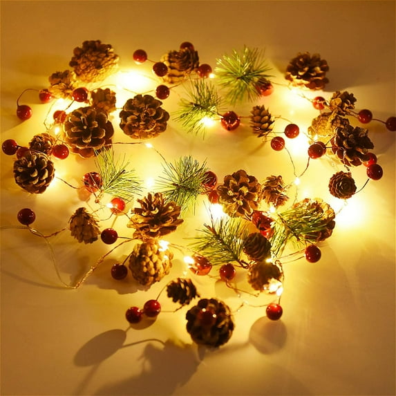 Coolmade Christmas Pine Cones String Lights 8 Modes 30 Leds 10 ft Jingle Bell with Berries Copper for Indoor Outdoor Thanksgiving Xmas Fairy Light Fit Garden Garland Party Decorations, Warm White