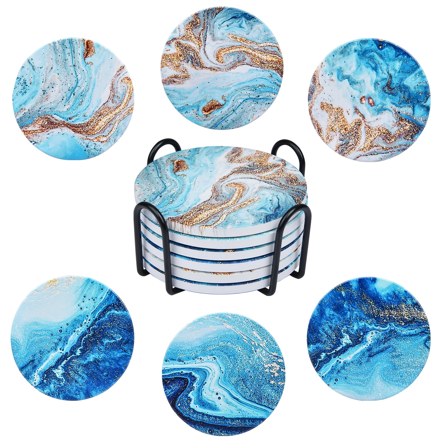LIFVER Drink Coasters with Holder, Absorbent Coaster Sets of  6, Marble Style Ceramic Drink Coaster for Tabletop Protection,Suitable for  Kinds of Cups, Wooden Table, Cool Home Decor, 4 Inches: Coasters