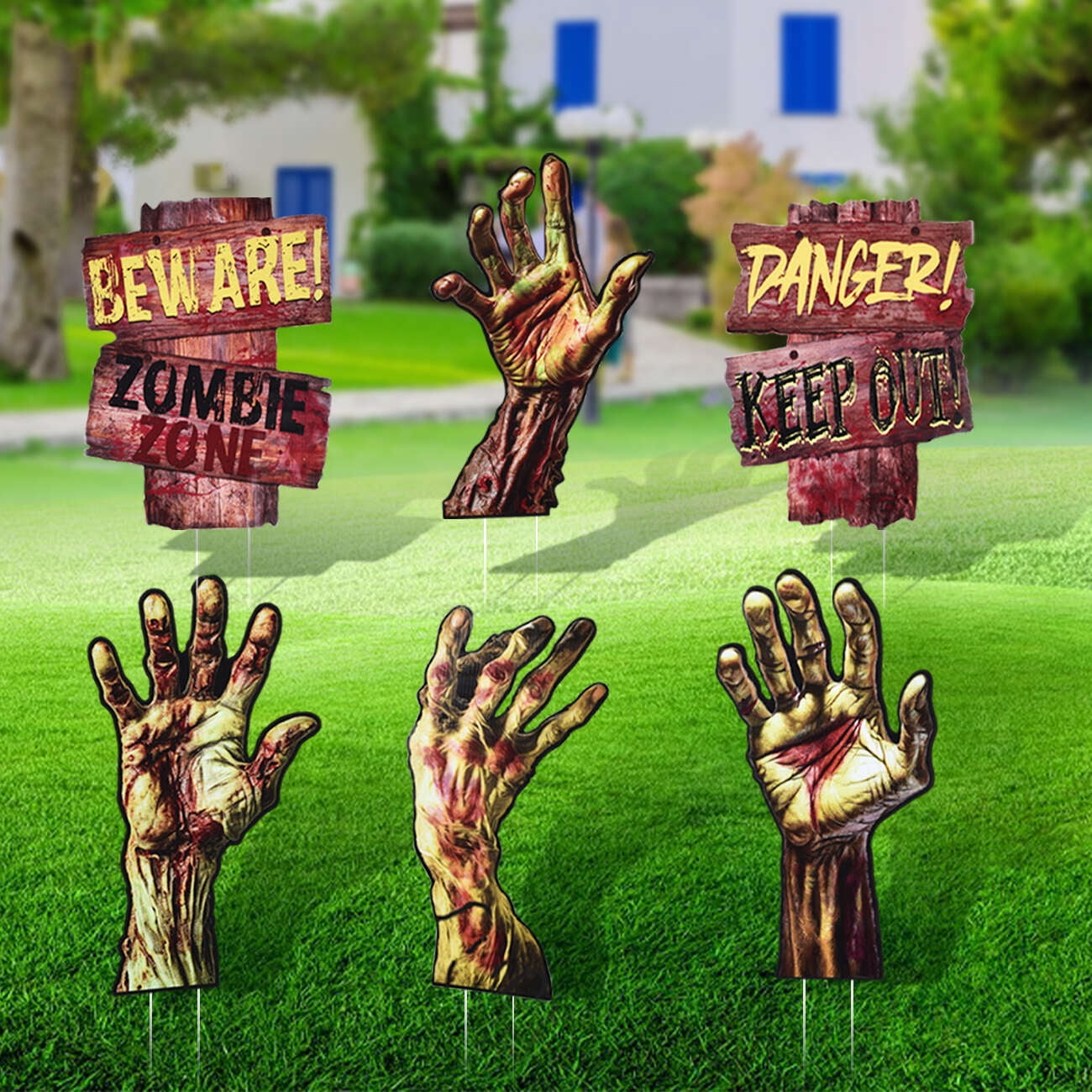 Coolmade Halloween Decorations Beware Signs Yard Stakes Outdoor Creepy  Assorted Warning Sign,Scary Zombie Theme Party Decor Supplies,6  Pieces,16.5\, image size:1300x1300