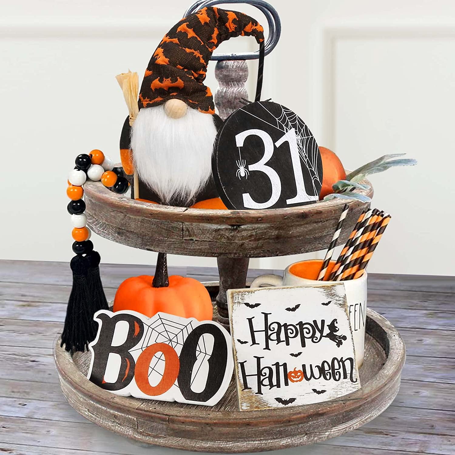 Coolmade Halloween Decorations - Boo Happy Halloween Wooden Signs - Cute Gnomes Plush and Bead Garland - Farmhouse Rustic Tiered Tray Decor Items for Home Table House Room, Halloween Decor