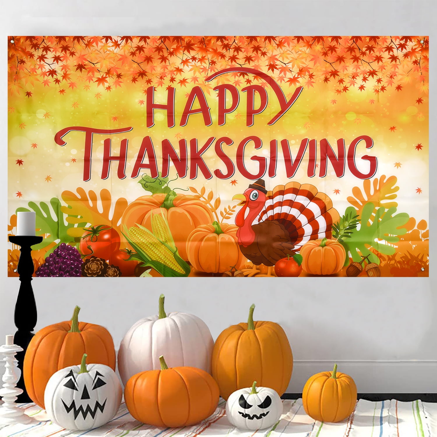 Happy Thanks Giving Banner Fall Leaves Garland Thanksgiving Day Autumn  Turkey Theme for Happy Thanksgiving Party Glitter Gold Decoration