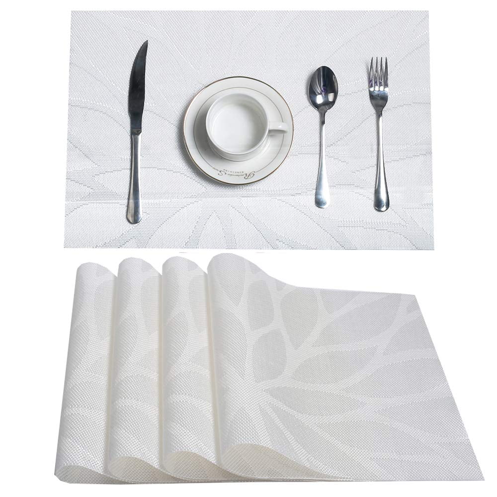 Coolmade Placemats for Dining Table Washable Placemat Set of 4 Heat  Resistant Woven Vinyl Non-Slip Kitchen Table Mats Wipe Clean(4, White) 