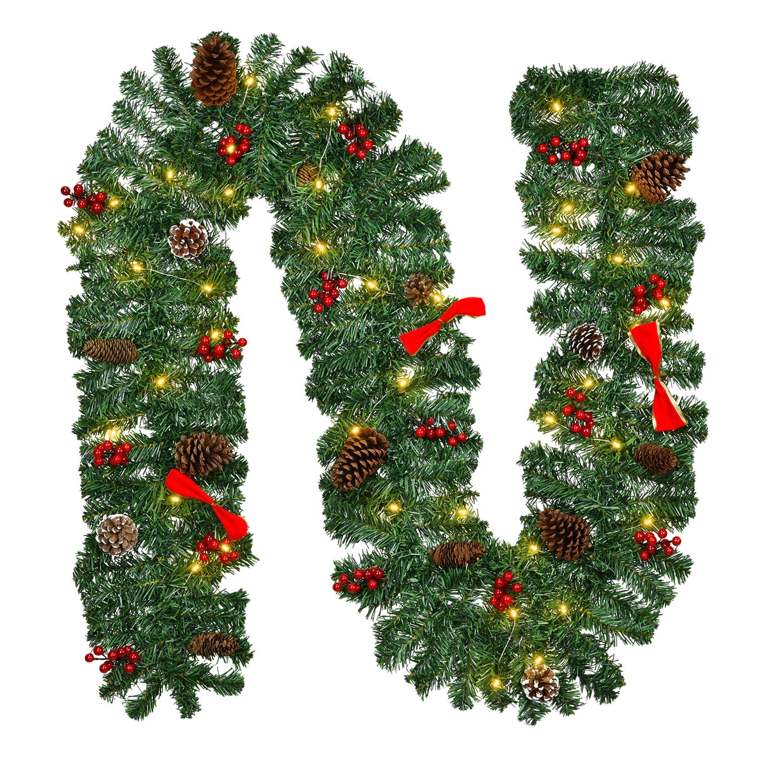 Coolmade Pre-Lit Artificial Christmas Garland 50 LED Warm Lights 8 Modes, Decorated with Pine Cones, Berry Clusters, Battery Operated, Christmas Collection, 9 Feet