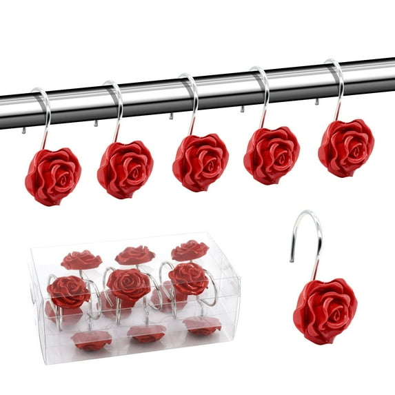 Coolmade Shower Curtain Hooks, Home Decorative Rustproof Shower Curtain Hooks Resin Rose Flower Shower Hooks Rings for Bathroom Shower Rods Curtains,Set of 12 Hooks (Red)