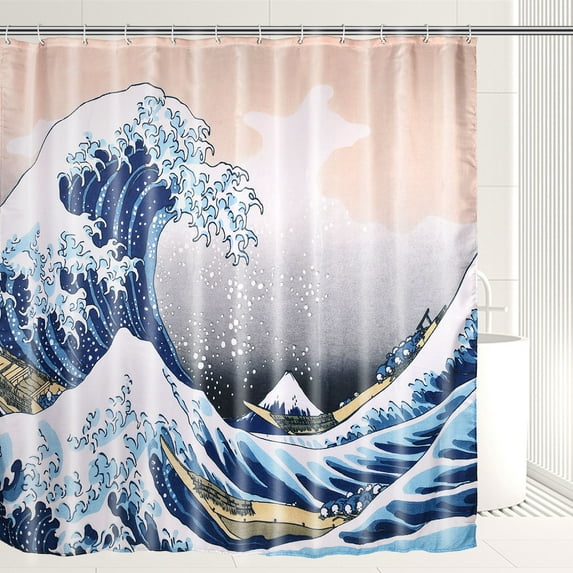 Coolmade Shower Curtain,Wave Shower Curtain,Waterproof Fabric Shower Curtains for Bathroom with 12 Plastic Hooks, 72x72 inch