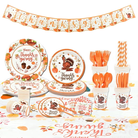 Coolmade Thanksgiving Disposable Plate Thanksgiving Party Supplies Tableware Set, with Thanksgiving Flag and Tablecloth with 16 Set Paper Plates and Napkins Disposable Dinnerware Set for 16 Guests