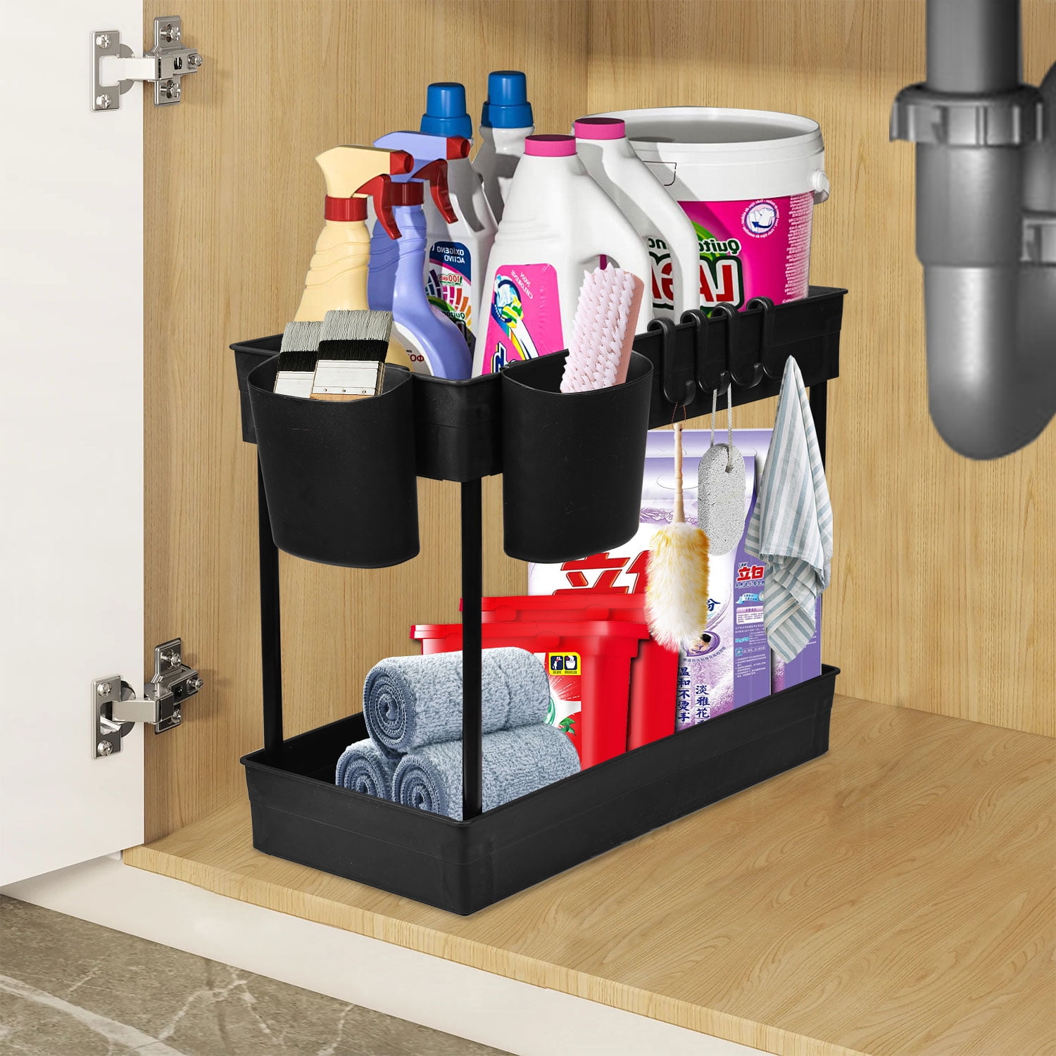 Coolmade Under Sink Organizer, Under Bathroom Cabinet Storage Tier Under  Sink Storage Rack with Hooks (Black)
