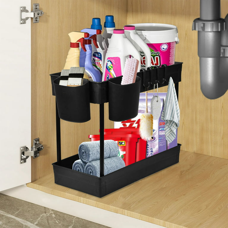 Coolmade Under Sink Organizer, Under Bathroom Cabinet Storage 2 Tier Under  Sink Storage Rack with 6 Hooks (Black) 