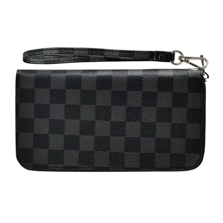 Checkered Zip Around Wallets for Women, Lady Phone Clutch Holder, PU  Leather RFID Blocking with Card Organizer, Black 