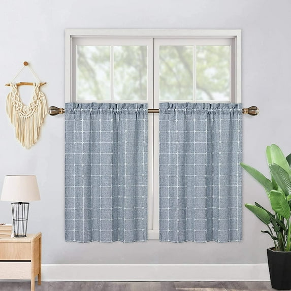 Coolmee Backout Windows Valances for Kitchen Bedroom Boho Gingham Linen Rod Pocket Window Valance Curtains Blue 26" x 45" 2 Panel