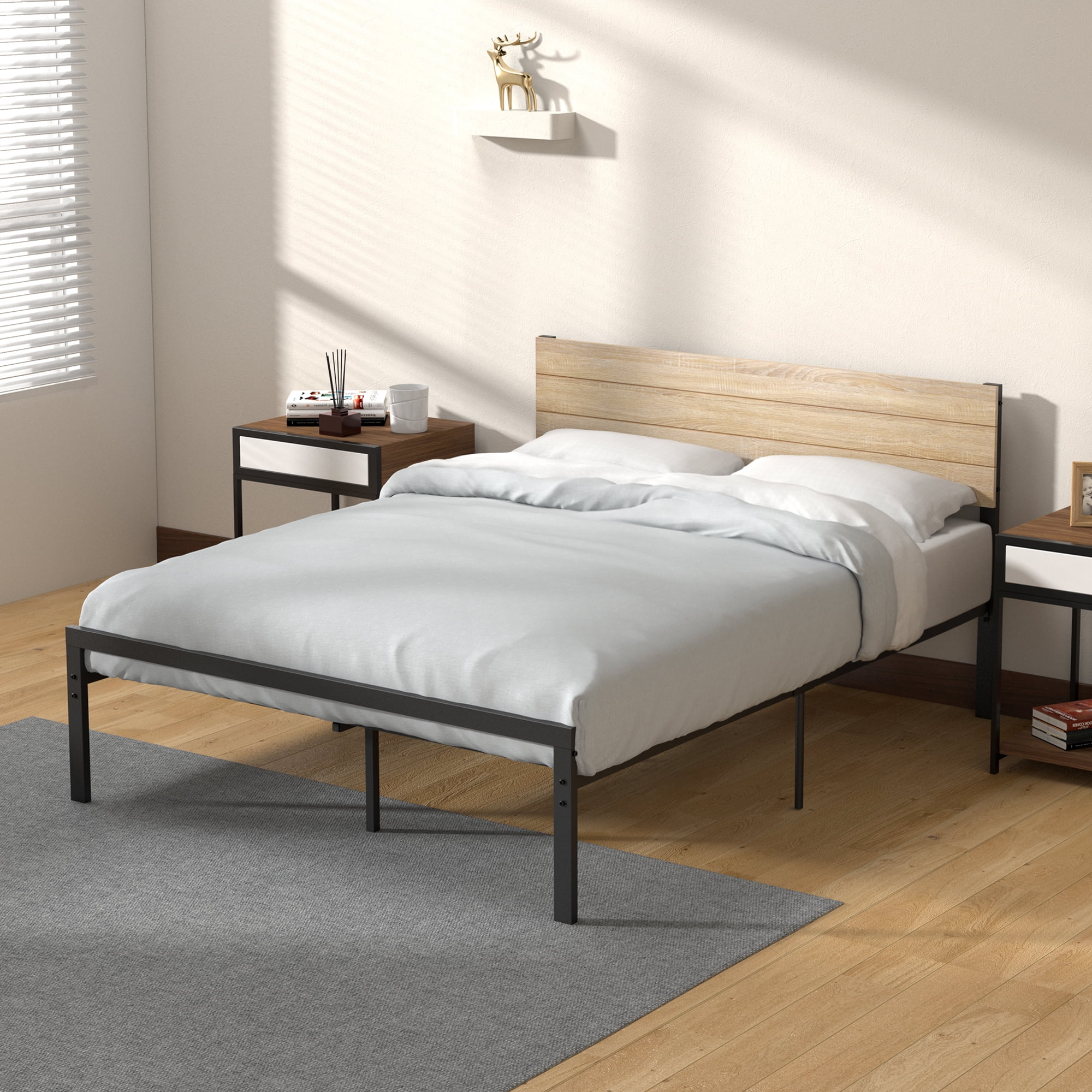 Coolmee Full Size Bed Frame with Wood Headboard Heavy Duty Steel Bed ...