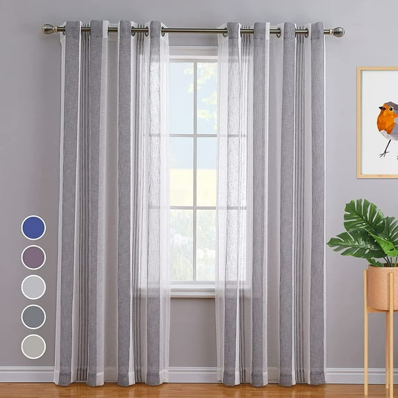 Coolmee Sheer Curtains for Living Room Bedroom, Grommet Voile Drapes, Stripe Farmhouse Curtains Faux Linen Window Treatments, Dark Grey, 54"X84", 2 Panels