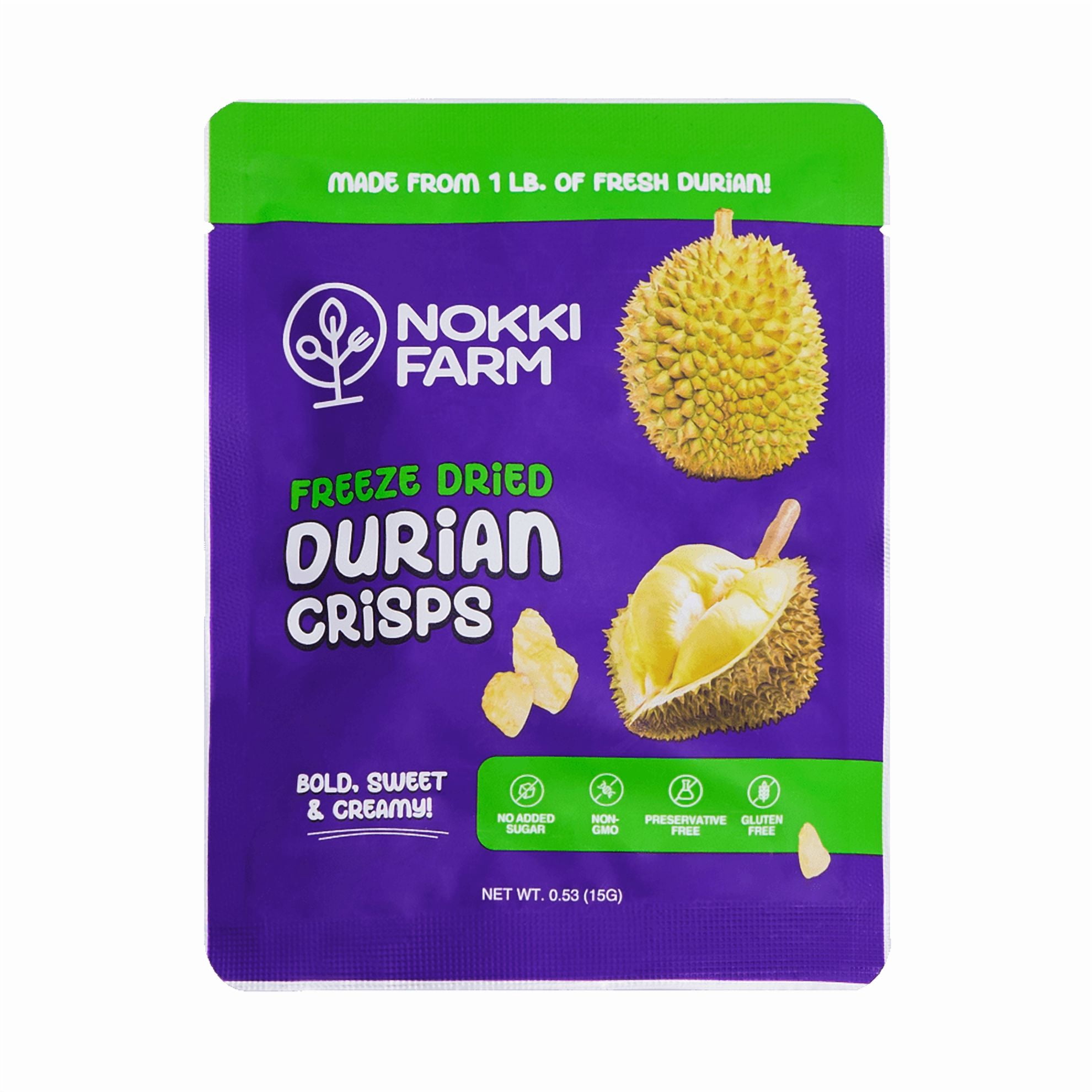 NOKKI FARM Freeze Durian Fruit, Healthy & Exotic Tropical Superfood Snacks, Kid-Approved, No Added Sugar or Preservatives, Shelf-Stable, 0.53 Oz, 6 Pack