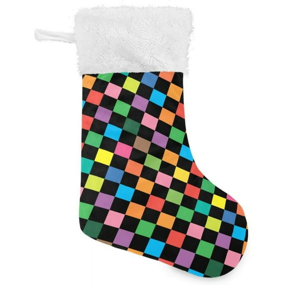 Coolnut 1 Pack Christmas Stockings 17.7 Inches Colored Squares Rainbow Large Size Xmas Cable Stocking Gifts & Decorations for Family Holiday Xmas Party
