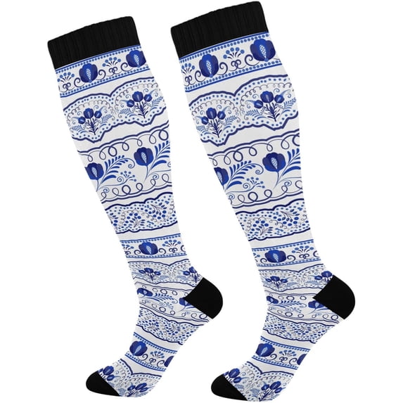 Coolnut 1 Pair Blue White Floral Ceramic Compression Socks 20-30mmHg Knee High Women Socks Tube Athletic Stockings for Men Sport Soccer Running Cycling Medical Nurse Winter Travel Gift