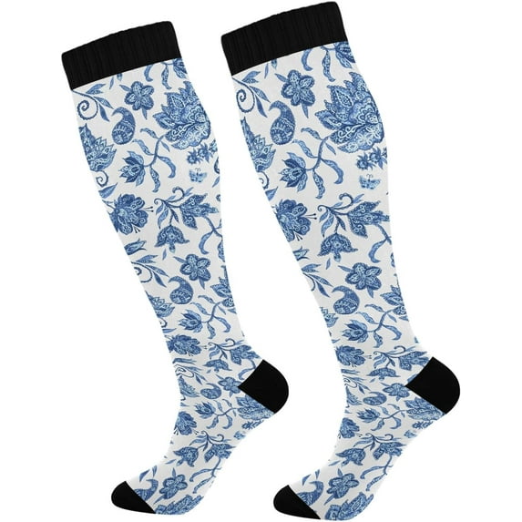 Coolnut 1 Pair Blue White Floral Compression Socks 20-30mmHg Knee High Women Socks Tube Athletic Stockings for Men Sport Soccer Running Cycling Medical Nurse Winter Travel Gift
