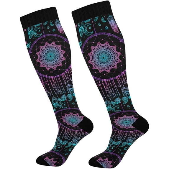 Coolnut 1 Pair Ethnic Design Compression Socks 20-30mmHg Knee High Women Socks Tube Athletic Stockings for Men Sport Soccer Running Cycling Medical Nurse Winter Travel Gift