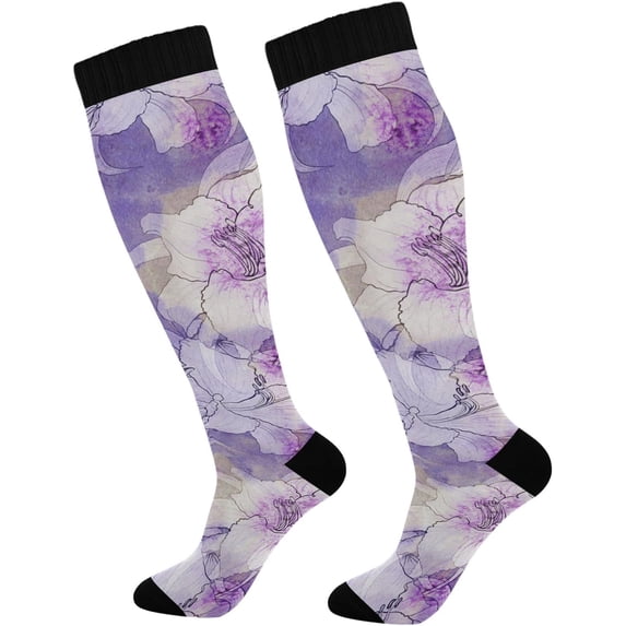 Coolnut 1 Pair Lily Flowers Purple Compression Socks 20-30mmHg Knee High Women Socks Tube Athletic Stockings for Men Sport Soccer Running Cycling Medical Nurse Winter Travel Gift