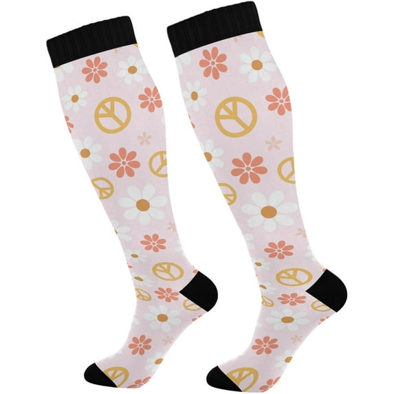 Coolnut 1 Pair Peace Sign Flower Pink Compression Socks 20-30mmHg Knee High Women Socks Tube Athletic Stockings for Men Sport Soccer Running Cycling Medical Nurse Winter Travel Gift
