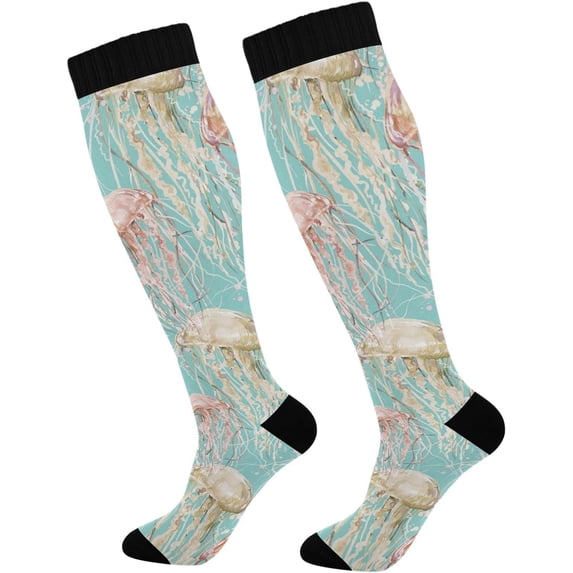 Coolnut 1 Pair Watercolor Jellyfish Compression Socks 20-30mmHg Knee High Women Socks Tube Athletic Stockings for Men Sport Soccer Running Cycling Medical Nurse Winter Travel Gift