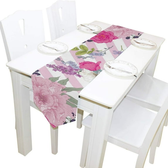 Coolnut 13"x70" Rectangle Cloth Table Runner Flowers On Pink Stripes Table Cover for Wedding Birthday Holiday