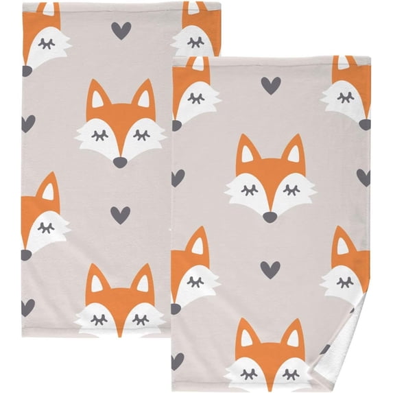 Coolnut 16x28 Inch Face Hand Towel Set Fox Pattern Hand Drawn Forest Animals and Hearts Cotton Washcloths, Quick-Dry Highly Absorbent Bath Towels 2 Pcs for Bathroom Ktichen Travel SPA Gym