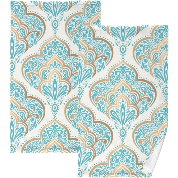 Coolnut 16x28 Inch Face Hand Towel Set Gold Turquoise Pattern Ornament Cotton Washcloths, Quick-Dry Highly Absorbent Bath Towels 2 Pcs for Bathroom Ktichen Travel SPA Gym
