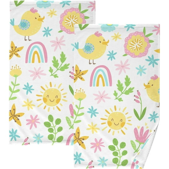 Coolnut 16x28 Inch Face Hand Towel Set Spring Pattern Cotton Washcloths, Quick-Dry Highly Absorbent Bath Towels 2 Pcs for Bathroom Ktichen Travel SPA Gym