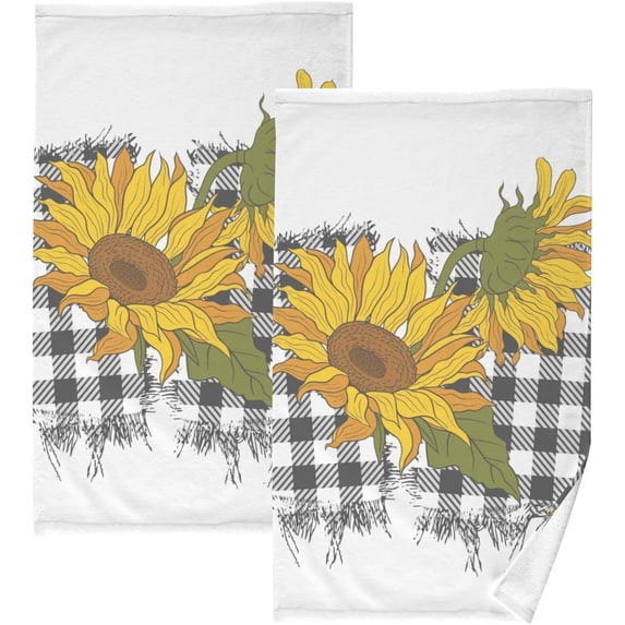 Coolnut 16x28 Inch Face Hand Towel Set Sunflowers Checked Background Cotton Washcloths, Quick-Dry Highly Absorbent Bath Towels 2 Pcs for Bathroom Ktichen Travel SPA Gym